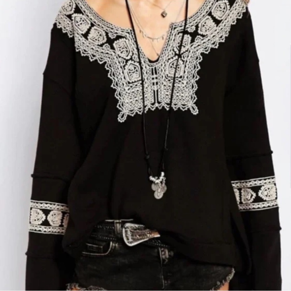 Free People Black Top with White Embroidery